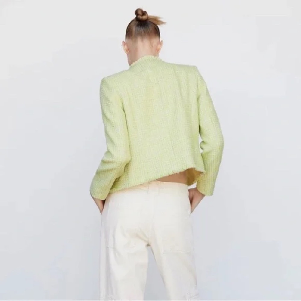 Mango MNG Tweed Preppy Boho Spring Summer Classic Blazer Jacket Lime Green - Sm - Picture 3 of 6